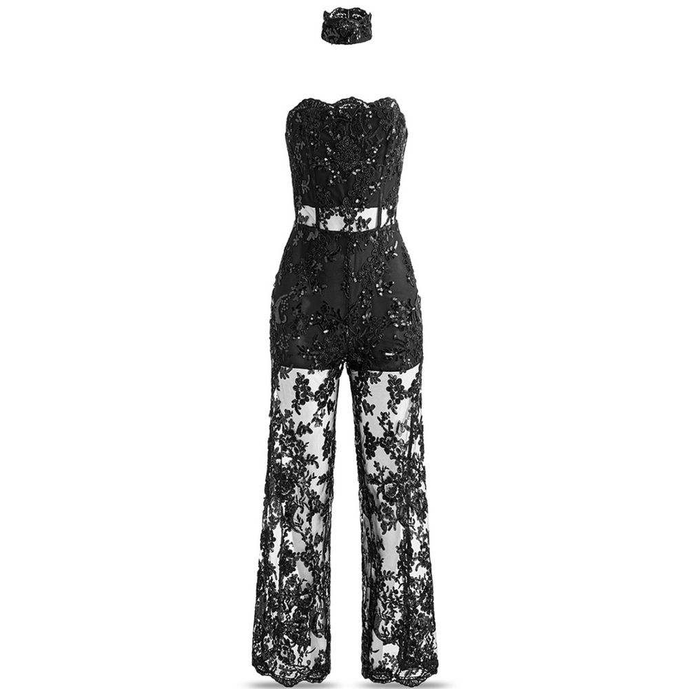 Alice + Olivia Black Lace Halter Jumpsuit comes with lace choker - Picture 6 of 7
